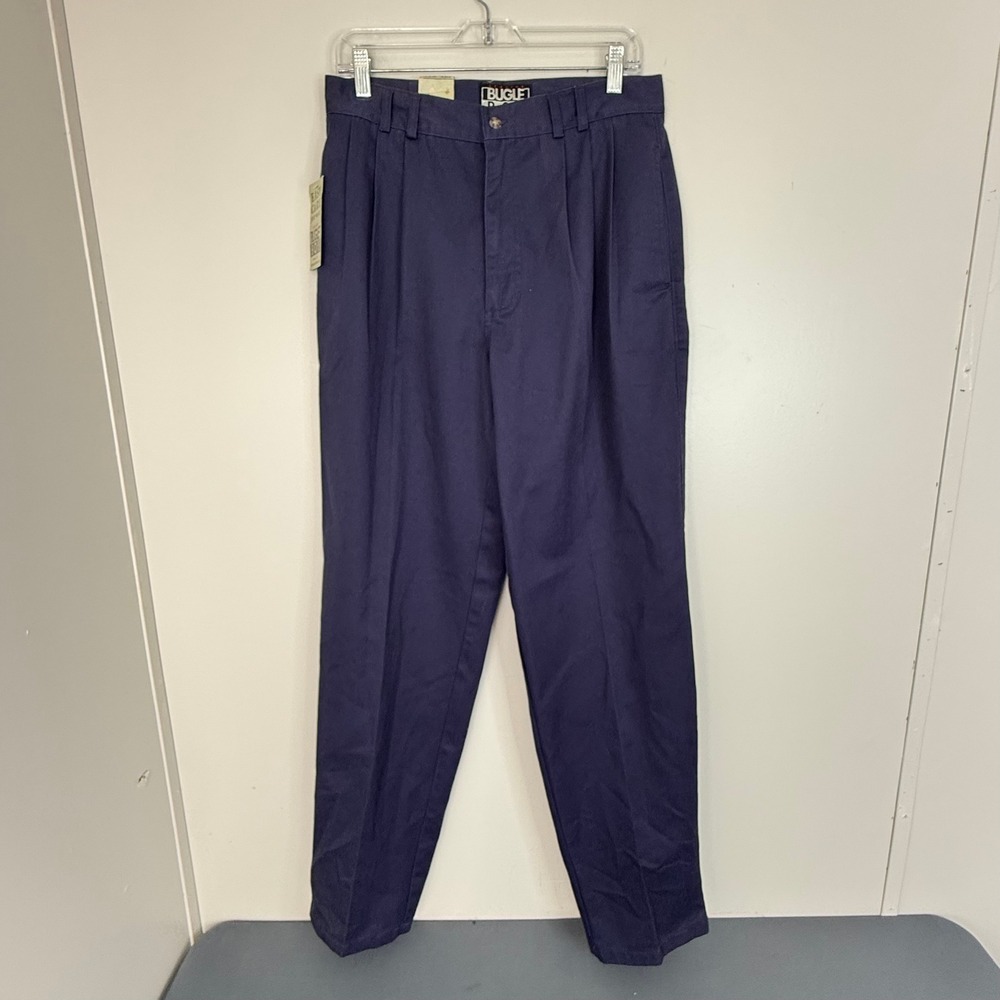 Vintage Bugle Boy Pants Mens 32W 34L Navy Blue Pleated Chino 90s Easy Care
